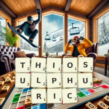 Creative illustration for a Scrabble game with the word THIOSULPHURIC spelled out in tiles on the board.