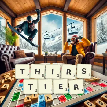 Creative illustration for a Scrabble game with the word THIRSTIER spelled out in tiles on the board.