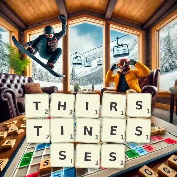 Creative illustration for a Scrabble game with the word THIRSTINESSES spelled out in tiles on the board.