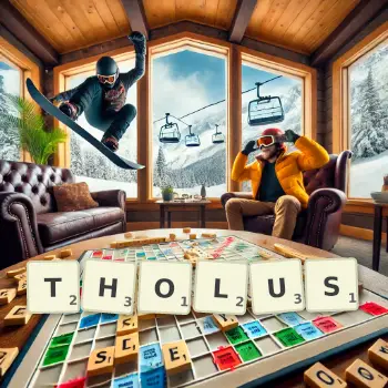 Creative illustration for a Scrabble game with the word THOLUS spelled out in tiles on the board.