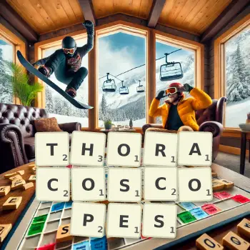 Creative illustration for a Scrabble game with the word THORACOSCOPES spelled out in tiles on the board.