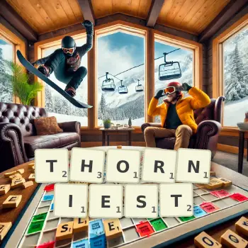 Creative illustration for a Scrabble game with the word THORNIEST spelled out in tiles on the board.