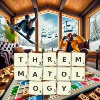 Creative illustration for a Scrabble game with the word THREMMATOLOGY spelled out in tiles on the board.