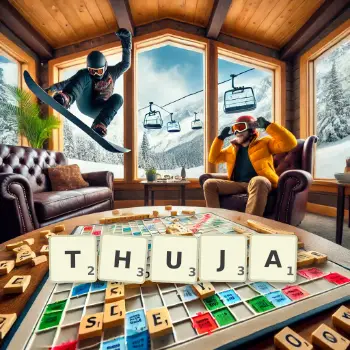 Creative illustration for a Scrabble game with the word THUJA spelled out in tiles on the board.