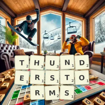 Creative illustration for a Scrabble game with the word THUNDERSTORMS spelled out in tiles on the board.