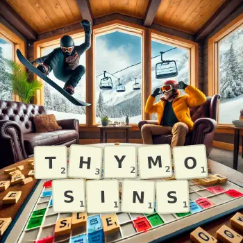 Creative illustration for a Scrabble game with the word THYMOSINS spelled out in tiles on the board.