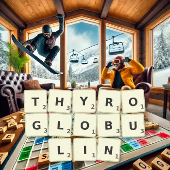 Creative illustration for a Scrabble game with the word THYROGLOBULIN spelled out in tiles on the board.