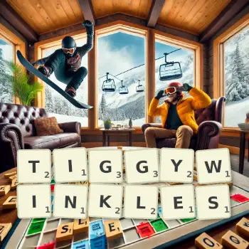 Creative illustration for a Scrabble game with the word TIGGYWINKLES spelled out in tiles on the board.