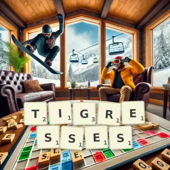 Creative illustration for a Scrabble game with the word TIGRESSES spelled out in tiles on the board.