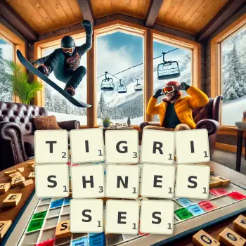 Creative illustration for a Scrabble game with the word TIGRISHNESSES spelled out in tiles on the board.