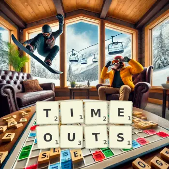 Creative illustration for a Scrabble game with the word TIMEOUTS spelled out in tiles on the board.
