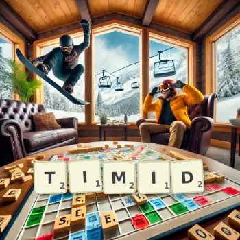 Creative illustration for a Scrabble game with the word TIMID spelled out in tiles on the board.