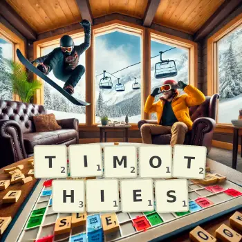 Creative illustration for a Scrabble game with the word TIMOTHIES spelled out in tiles on the board.