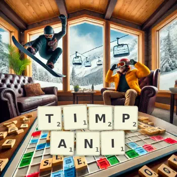 Creative illustration for a Scrabble game with the word TIMPANI spelled out in tiles on the board.