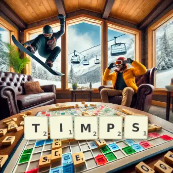 Creative illustration for a Scrabble game with the word TIMPS spelled out in tiles on the board.