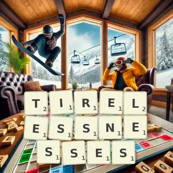 Creative illustration for a Scrabble game with the word TIRELESSNESSES spelled out in tiles on the board.