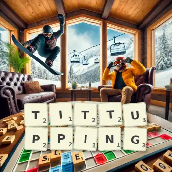 Creative illustration for a Scrabble game with the word TITTUPPING spelled out in tiles on the board.