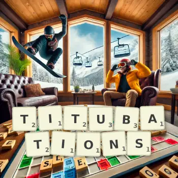 Creative illustration for a Scrabble game with the word TITUBATIONS spelled out in tiles on the board.