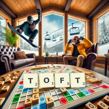 Creative illustration for a Scrabble game with the word TOFT spelled out in tiles on the board.