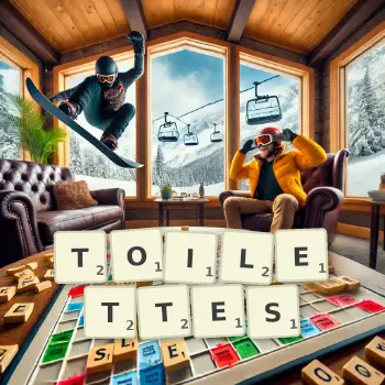 Creative illustration for a Scrabble game with the word TOILETTES spelled out in tiles on the board.
