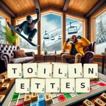 Creative illustration for a Scrabble game with the word TOILINETTES spelled out in tiles on the board.