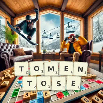 Creative illustration for a Scrabble game with the word TOMENTOSE spelled out in tiles on the board.