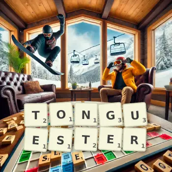 Creative illustration for a Scrabble game with the word TONGUESTER spelled out in tiles on the board.