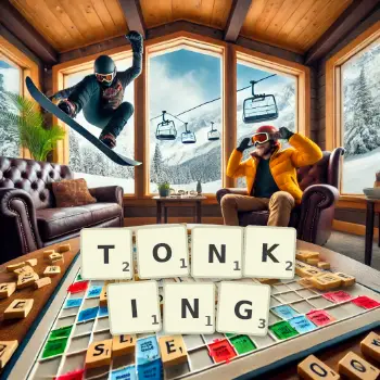 Creative illustration for a Scrabble game with the word TONKING spelled out in tiles on the board.