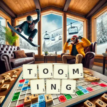 Creative illustration for a Scrabble game with the word TOOMING spelled out in tiles on the board.