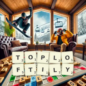 Creative illustration for a Scrabble game with the word TOPLOFTILY spelled out in tiles on the board.