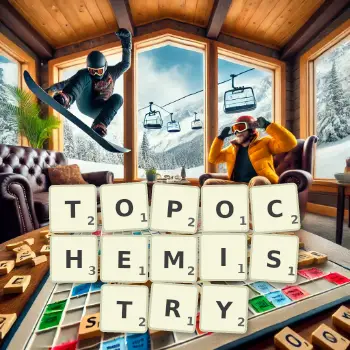 Creative illustration for a Scrabble game with the word TOPOCHEMISTRY spelled out in tiles on the board.