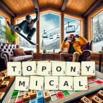 Creative illustration for a Scrabble game with the word TOPONYMICAL spelled out in tiles on the board.