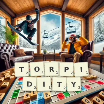 Creative illustration for a Scrabble game with the word TORPIDITY spelled out in tiles on the board.
