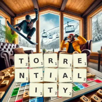 Creative illustration for a Scrabble game with the word TORRENTIALITY spelled out in tiles on the board.