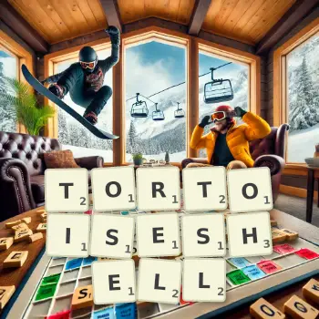 Creative illustration for a Scrabble game with the word TORTOISESHELL spelled out in tiles on the board.