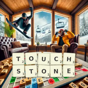 Creative illustration for a Scrabble game with the word TOUCHSTONE spelled out in tiles on the board.