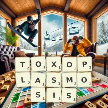Creative illustration for a Scrabble game with the word TOXOPLASMOSIS spelled out in tiles on the board.