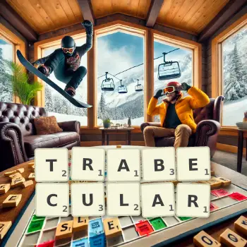 Creative illustration for a Scrabble game with the word TRABECULAR spelled out in tiles on the board.