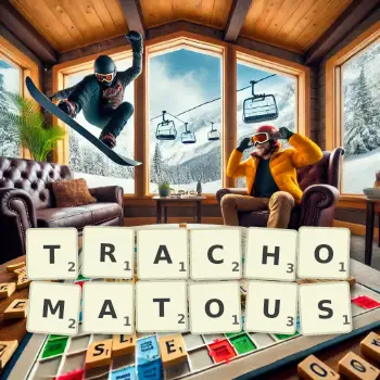 Creative illustration for a Scrabble game with the word TRACHOMATOUS spelled out in tiles on the board.