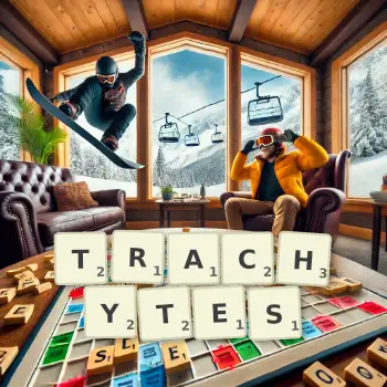 Creative illustration for a Scrabble game with the word TRACHYTES spelled out in tiles on the board.