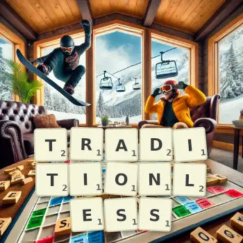 Creative illustration for a Scrabble game with the word TRADITIONLESS spelled out in tiles on the board.