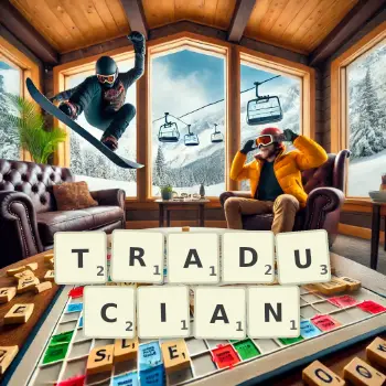 Creative illustration for a Scrabble game with the word TRADUCIAN spelled out in tiles on the board.