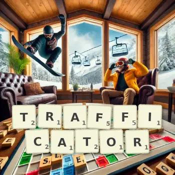Creative illustration for a Scrabble game with the word TRAFFICATOR spelled out in tiles on the board.
