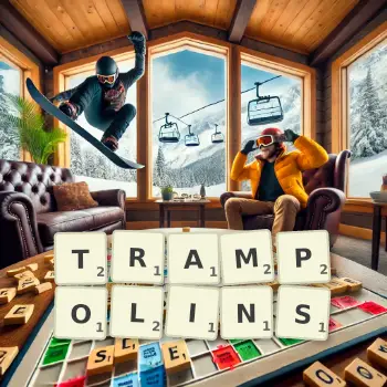 Creative illustration for a Scrabble game with the word TRAMPOLINS spelled out in tiles on the board.