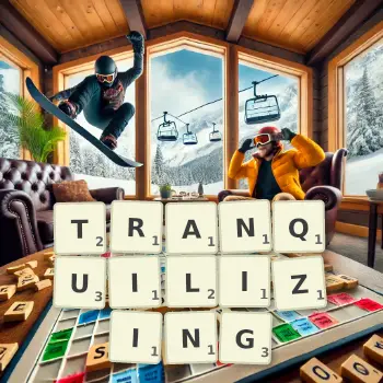 Creative illustration for a Scrabble game with the word TRANQUILIZING spelled out in tiles on the board.