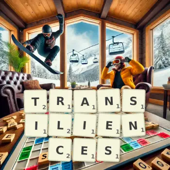 Creative illustration for a Scrabble game with the word TRANSILIENCES spelled out in tiles on the board.