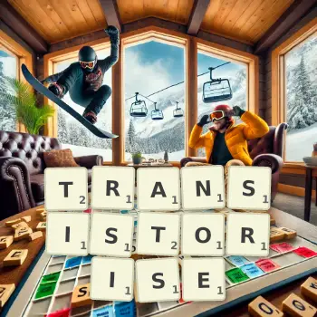Creative illustration for a Scrabble game with the word TRANSISTORISE spelled out in tiles on the board.