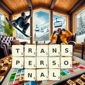 Creative illustration for a Scrabble game with the word TRANSPERSONAL spelled out in tiles on the board.