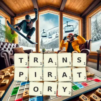 Creative illustration for a Scrabble game with the word TRANSPIRATORY spelled out in tiles on the board.