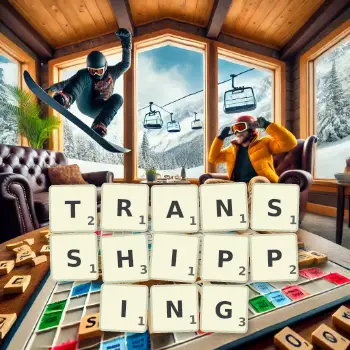 Creative illustration for a Scrabble game with the word TRANSSHIPPING spelled out in tiles on the board.